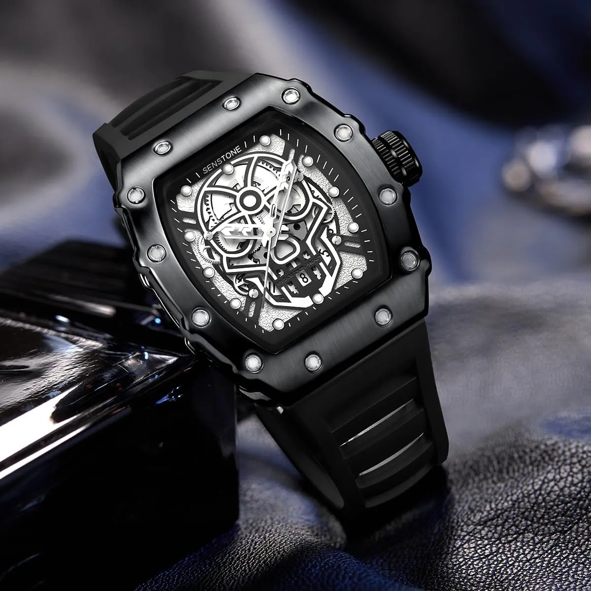 Luminous Rubber Strap, Silicone Band Men's Retro Punk Skull enamel arid suburban hopewell defend Tonneau Analog Skeleton Sports Watch, 