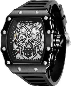 Luminous Rubber Strap, Silicone Band Men's Retro Punk Skull enamel arid suburban hopewell defend Tonneau Analog Skeleton Sports Watch, 