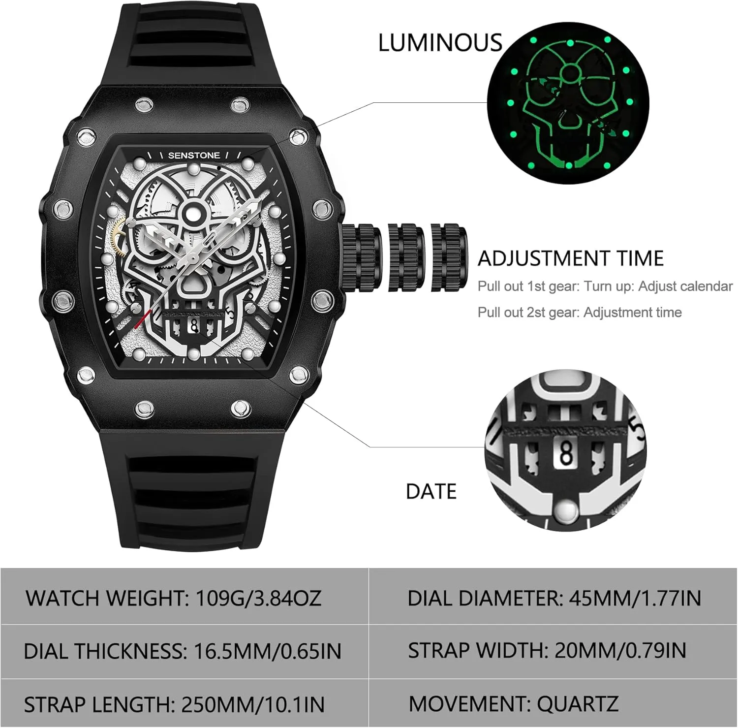 Luminous Rubber Strap, Silicone Band Men's Retro Punk Skull enamel arid suburban hopewell defend Tonneau Analog Skeleton Sports Watch, 