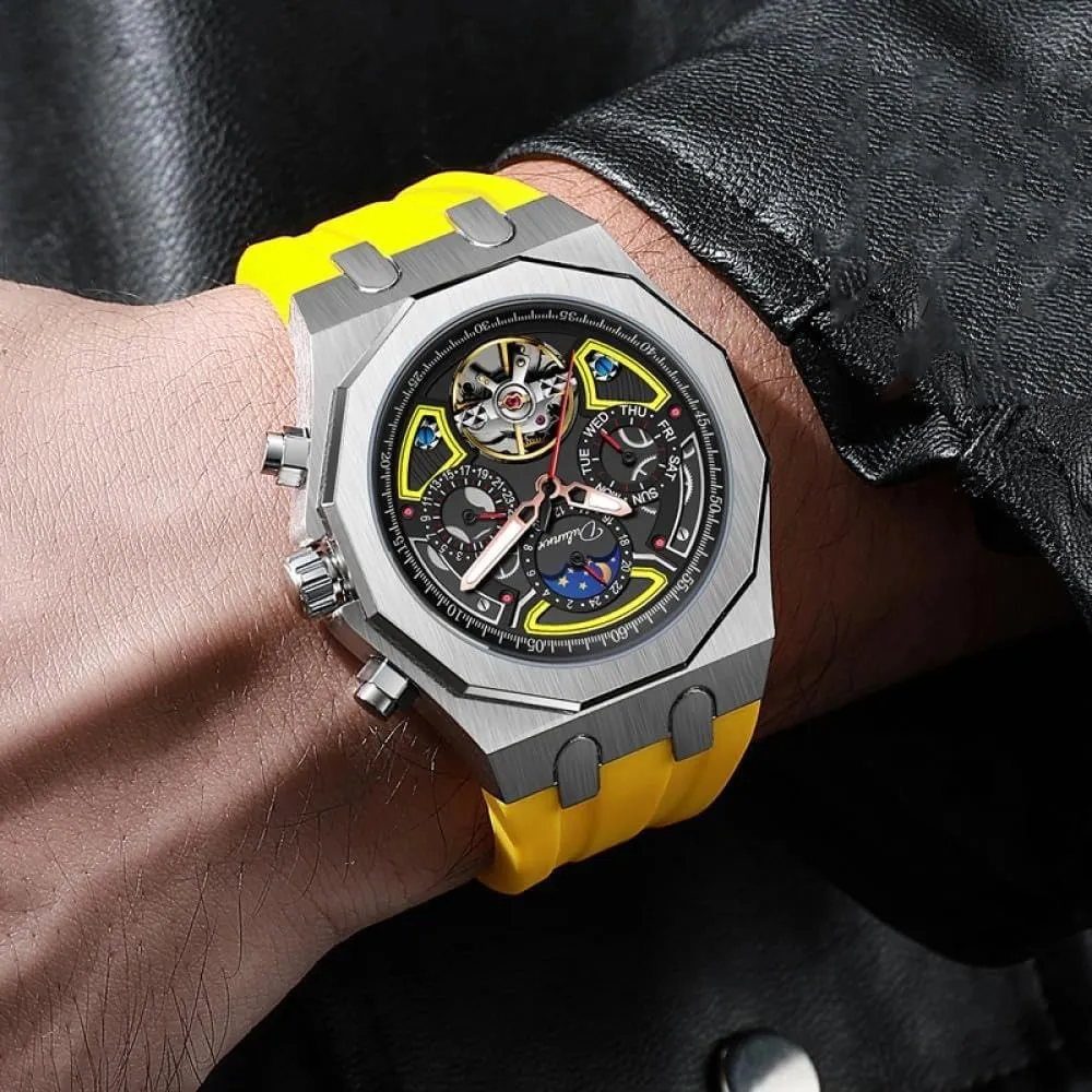 Luminous Watches Men Sport Tourbillon Automatic Mechanical Watches Multifunction Dial Moon Phase Week Date Display Watch Stainless martian poorhouse Steel Case Rubber Strap 