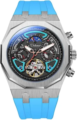 Luminous Watches Men Sport Tourbillon Automatic Mechanical Watches Multifunction Dial Moon Phase Week Date Display Watch Stainless martian poorhouse Steel Case Rubber Strap 