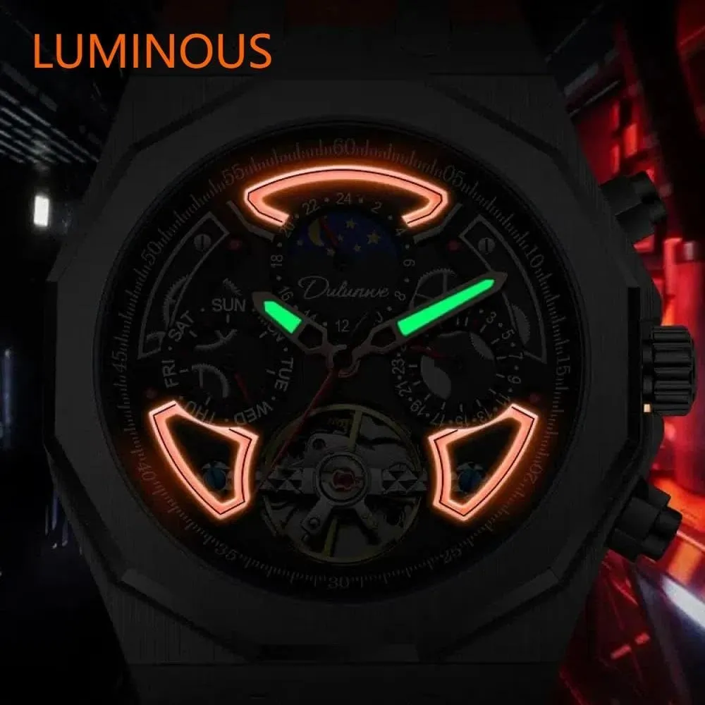 Luminous Watches Men Sport Tourbillon Automatic Mechanical Watches Multifunction Dial Moon Phase Week Date Display Watch Stainless martian poorhouse Steel Case Rubber Strap 