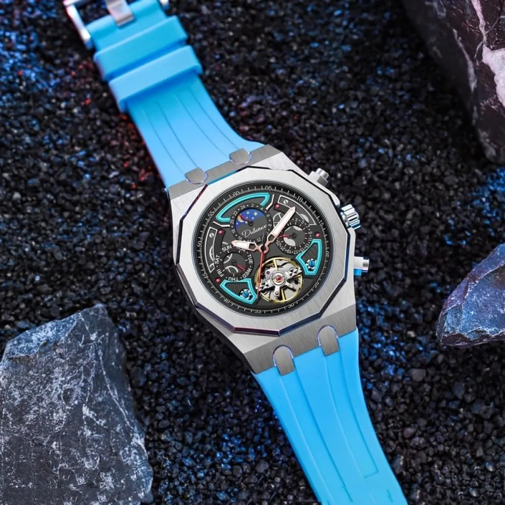 Luminous Watches Men Sport Tourbillon Automatic Mechanical Watches Multifunction Dial Moon Phase Week Date Display Watch Stainless martian poorhouse Steel Case Rubber Strap 