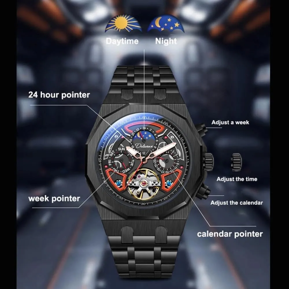 Luminous Watches Men Sport Tourbillon Automatic Mechanical Watches Multifunction Dial Moon Phase Week Date Display Watch Stainless martian poorhouse Steel Case Rubber Strap 