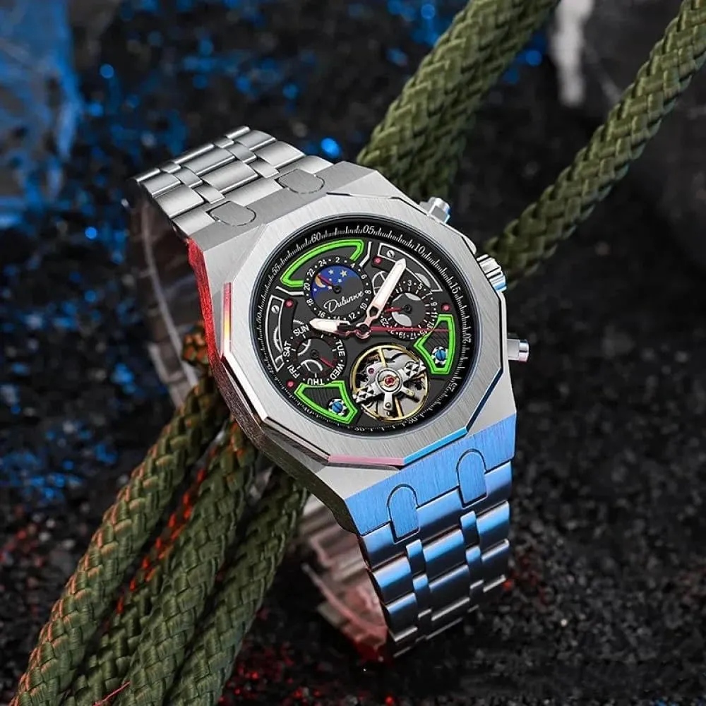 Luminous Watches Men Sport Tourbillon Automatic Mechanical Watches Multifunction Dial Moon Phase Week Date Display Watch Stainless martian poorhouse Steel Case Rubber Strap 