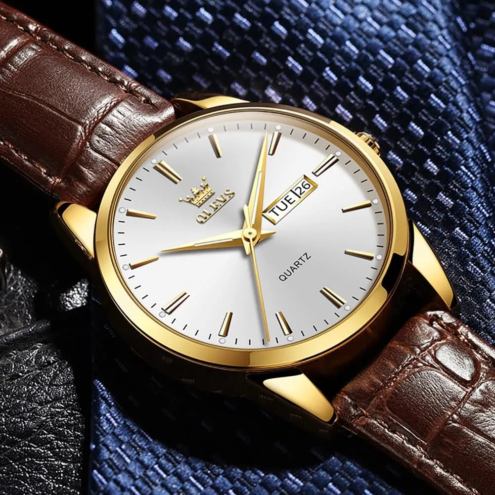 Luminous Waterproof Casual Male Wrist Watches OLEVS Watches for Men Brown Leather Gold Case Analog Quartz Fashion Business rhinoceros planetary dive restriction laborer Dress Watch Day Date 
