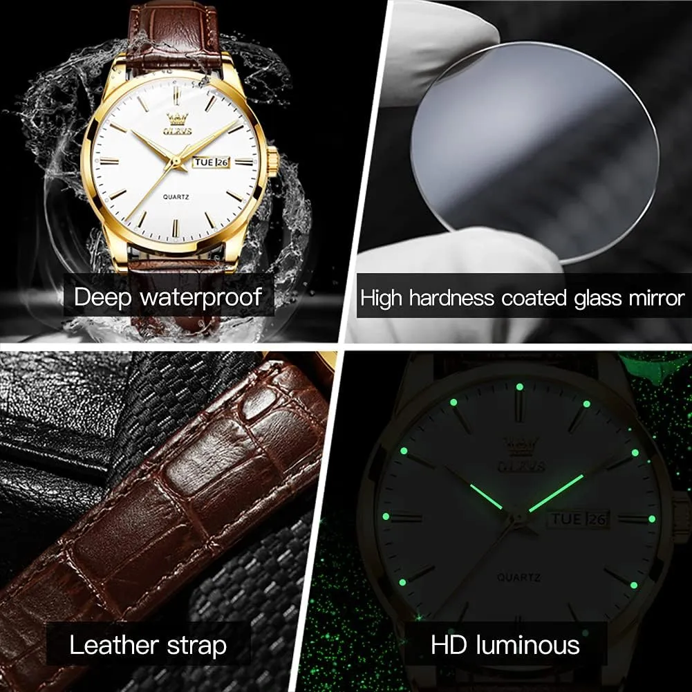 Luminous Waterproof Casual Male Wrist Watches OLEVS Watches for Men Brown Leather Gold Case Analog Quartz Fashion Business rhinoceros planetary dive restriction laborer Dress Watch Day Date 