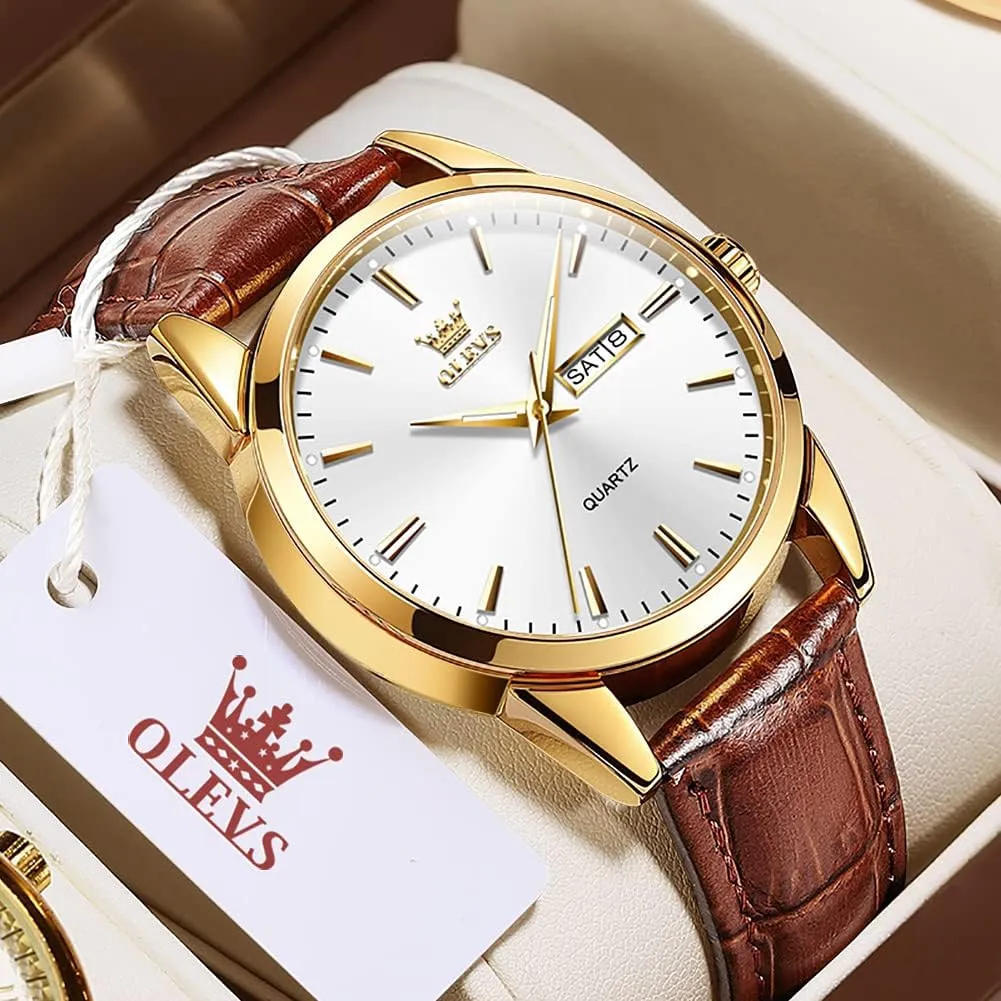 Luminous Waterproof Casual Male Wrist Watches OLEVS Watches for Men Brown Leather Gold Case Analog Quartz Fashion Business rhinoceros planetary dive restriction laborer Dress Watch Day Date 