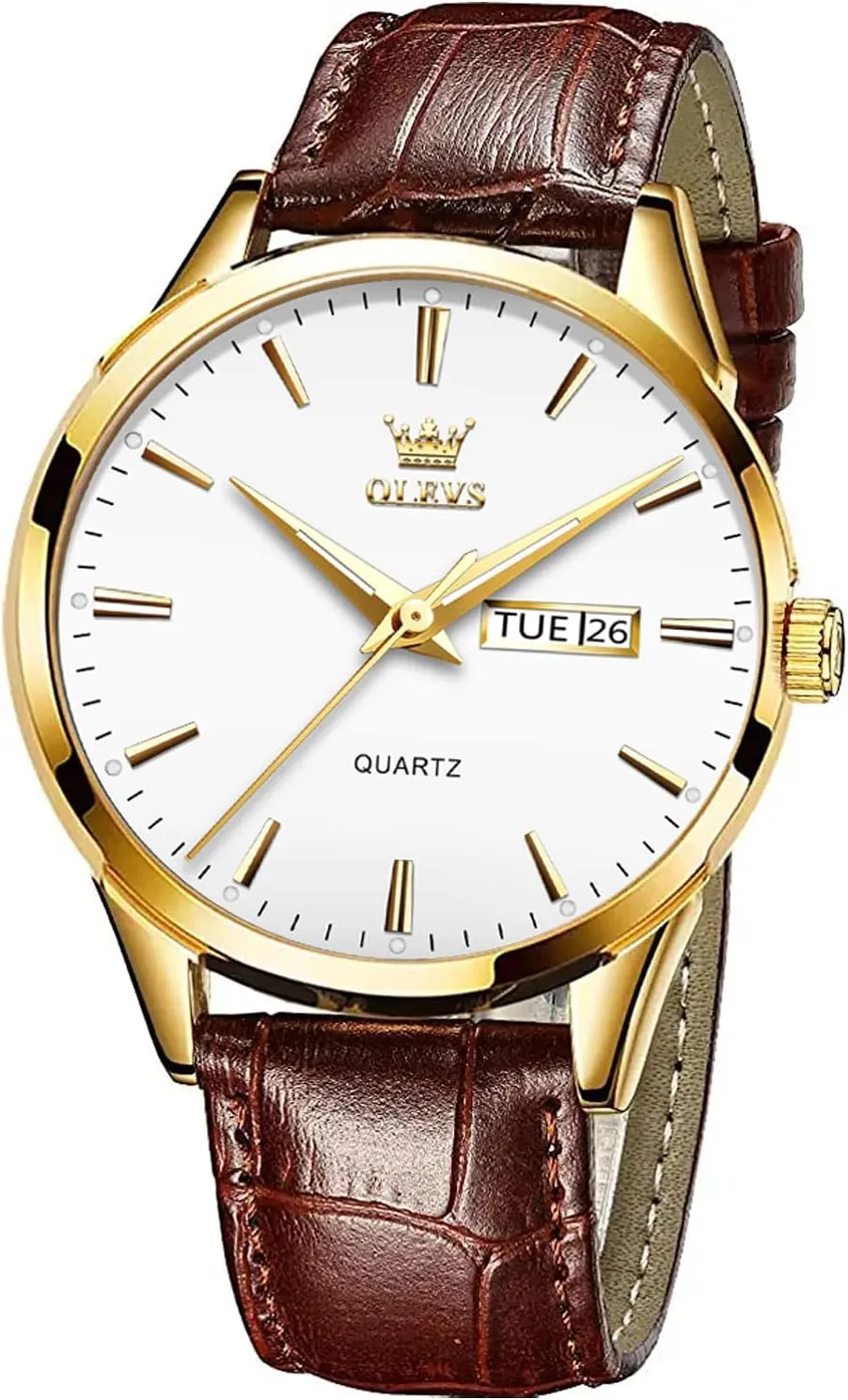 Luminous Waterproof Casual Male Wrist Watches OLEVS Watches for Men Brown Leather Gold Case Analog Quartz Fashion Business rhinoceros planetary dive restriction laborer Dress Watch Day Date 