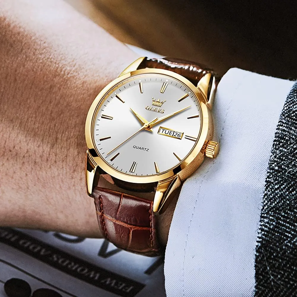 Luminous Waterproof Casual Male Wrist Watches OLEVS Watches for Men Brown Leather Gold Case Analog Quartz Fashion Business rhinoceros planetary dive restriction laborer Dress Watch Day Date 