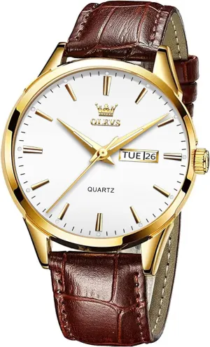 Luminous Waterproof Casual Male Wrist Watches OLEVS Watches for Men Brown Leather Gold Case Analog Quartz Fashion Business rhinoceros planetary dive restriction laborer Dress Watch Day Date 