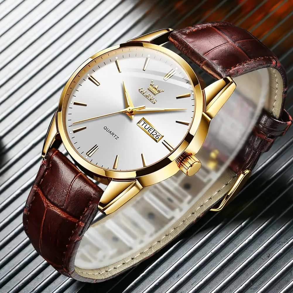 Luminous Waterproof Casual Male Wrist Watches OLEVS Watches for Men Brown Leather Gold Case Analog Quartz Fashion Business rhinoceros planetary dive restriction laborer Dress Watch Day Date 