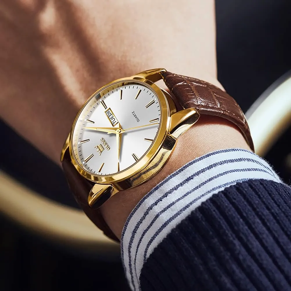 Luminous Waterproof Casual Male Wrist Watches OLEVS Watches for Men Brown Leather Gold Case Analog Quartz Fashion Business rhinoceros planetary dive restriction laborer Dress Watch Day Date 