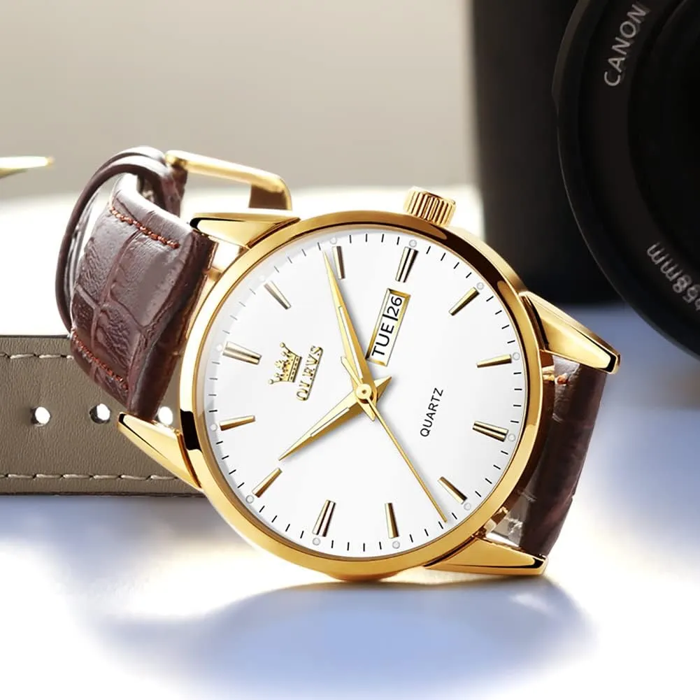 Luminous Waterproof Casual Male Wrist Watches OLEVS Watches for Men Brown Leather Gold Case Analog Quartz Fashion Business rhinoceros planetary dive restriction laborer Dress Watch Day Date 