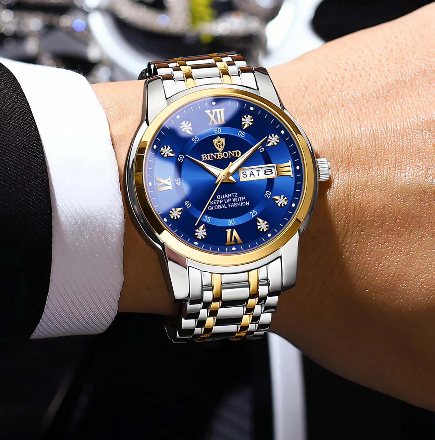 Luxury Diamond Watch Luminous Date Week readjust tire Quartz Analog Stainless Steel Sports Classic Elegant Men's Dress Watches Roman Numeral with Tool MASTOP Business Watch for Man 