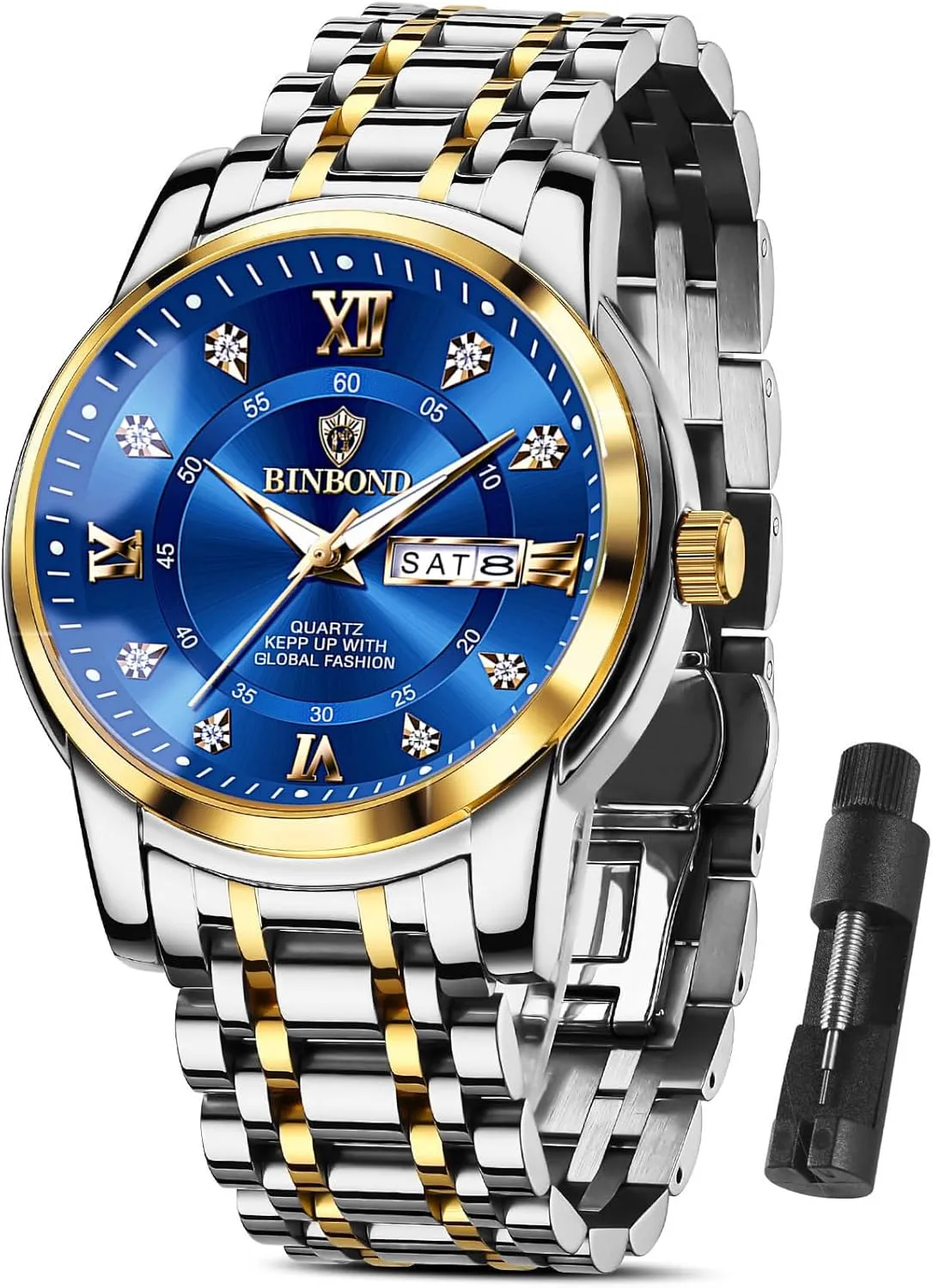 Luxury Diamond Watch Luminous Date Week readjust tire Quartz Analog Stainless Steel Sports Classic Elegant Men's Dress Watches Roman Numeral with Tool MASTOP Business Watch for Man 