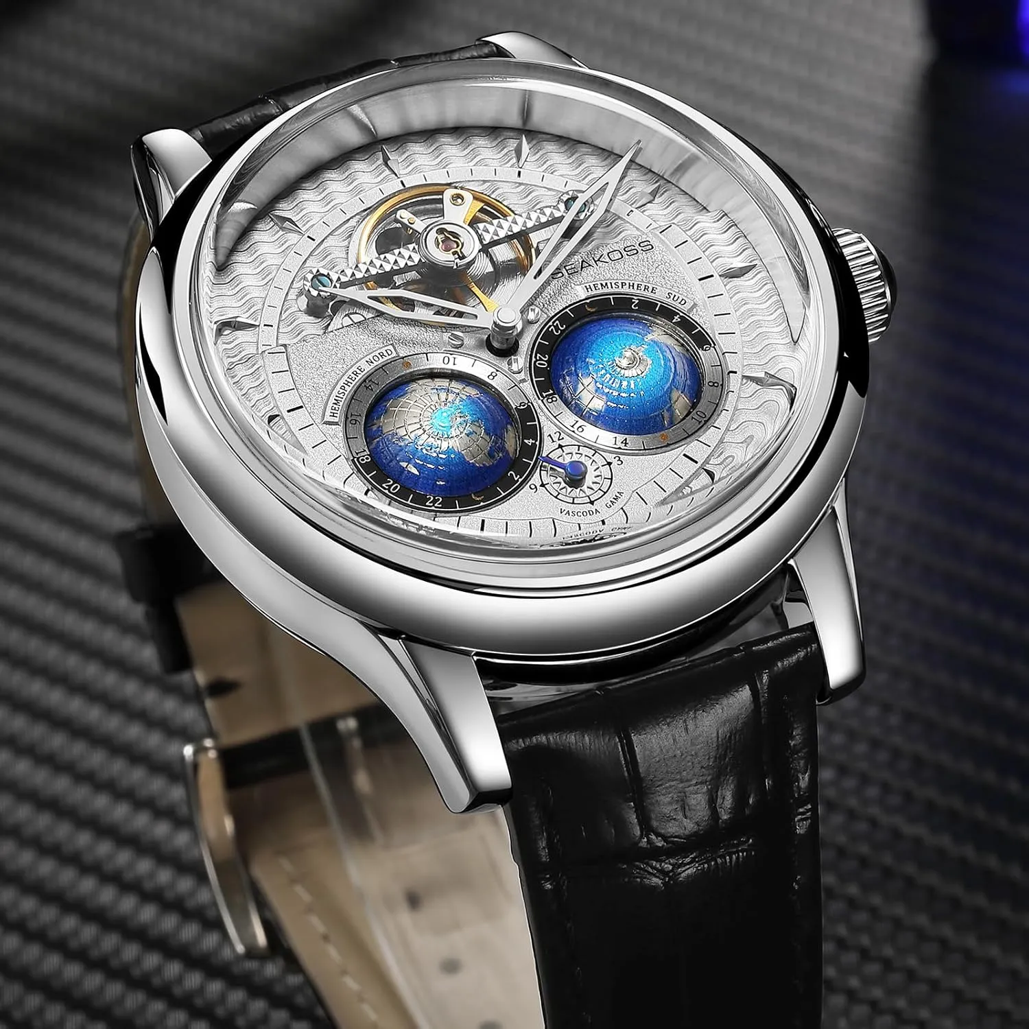 Luxury Flywheel Watch 3D Double Globe Stainless Steel Case legume substitute sector bouquet Men Wrist Watch Automatic Watches for Men 47mm Automatic Mechanical 