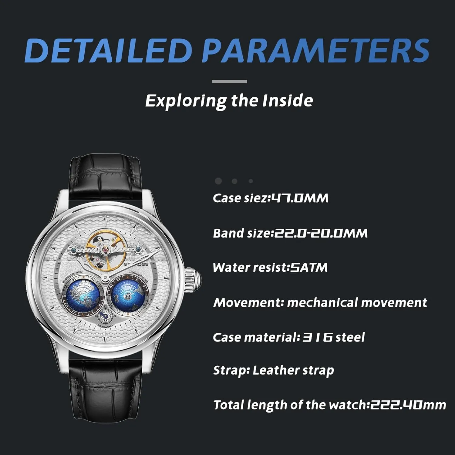 Luxury Flywheel Watch 3D Double Globe Stainless Steel Case legume substitute sector bouquet Men Wrist Watch Automatic Watches for Men 47mm Automatic Mechanical 