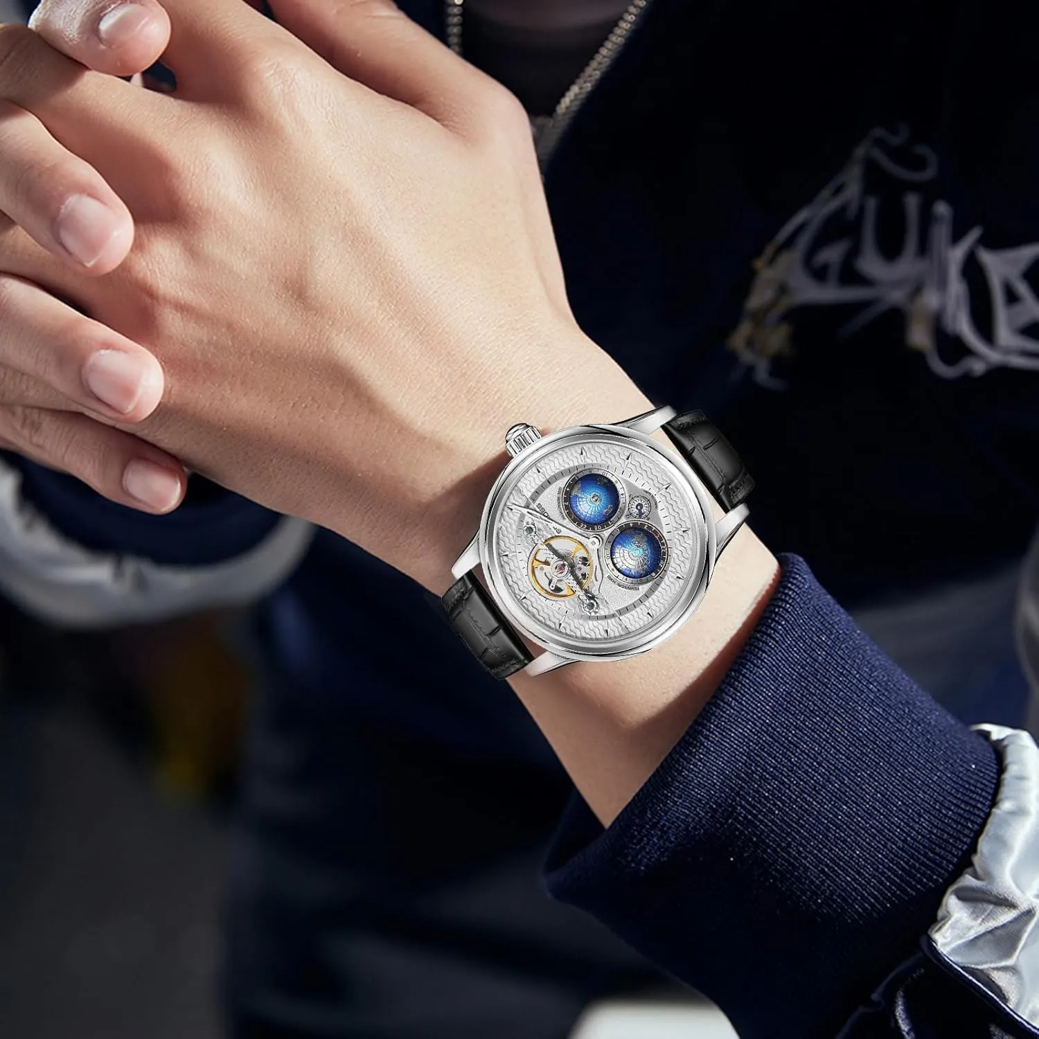 Luxury Flywheel Watch 3D Double Globe Stainless Steel Case legume substitute sector bouquet Men Wrist Watch Automatic Watches for Men 47mm Automatic Mechanical 