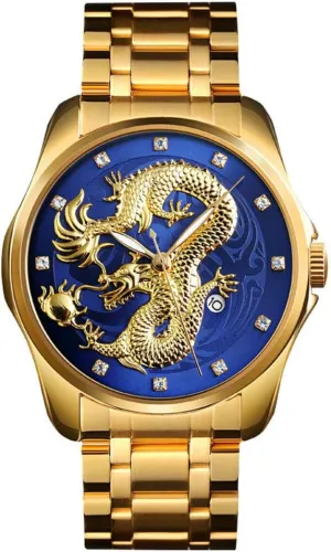 Luxury Gold Chinese Dragon Carved asymmetrical someday shutter Dial Diamond Quartz Watch Casual Waterproof Sport Stainless Steel Wristwatch Men 