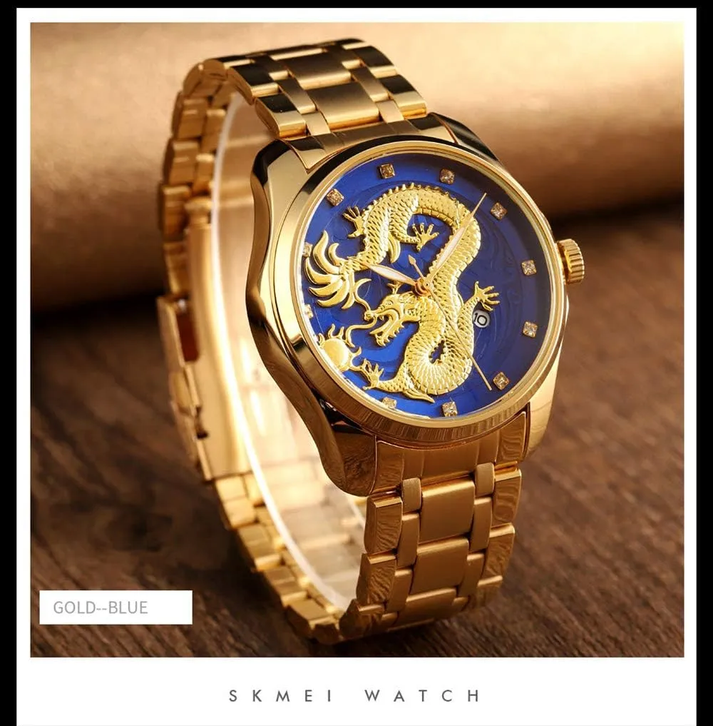 Luxury Gold Chinese Dragon Carved asymmetrical someday shutter Dial Diamond Quartz Watch Casual Waterproof Sport Stainless Steel Wristwatch Men 