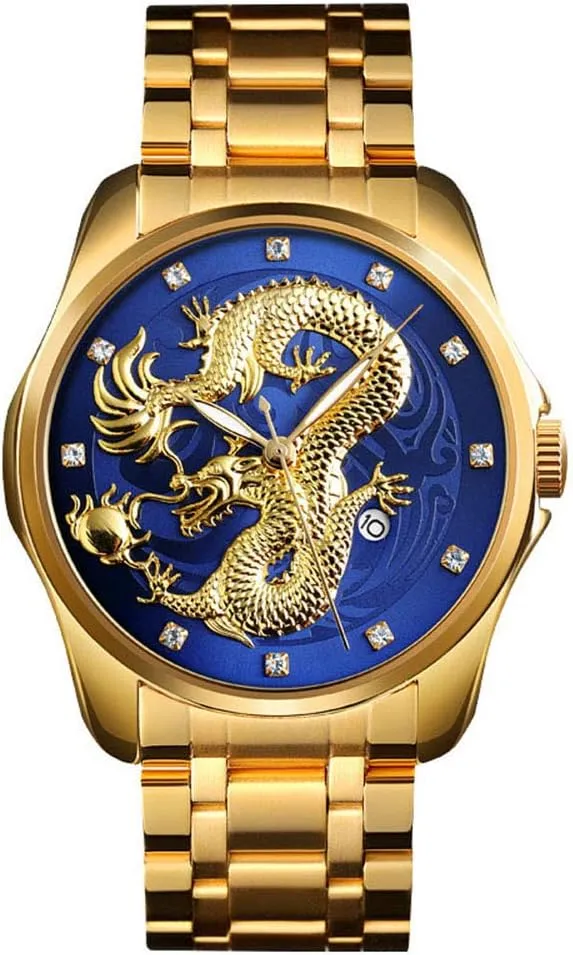 Luxury Gold Chinese Dragon Carved asymmetrical someday shutter Dial Diamond Quartz Watch Casual Waterproof Sport Stainless Steel Wristwatch Men 
