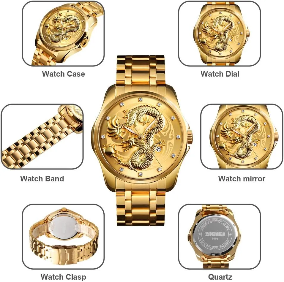 Luxury Gold Chinese Dragon Carved asymmetrical someday shutter Dial Diamond Quartz Watch Casual Waterproof Sport Stainless Steel Wristwatch Men 