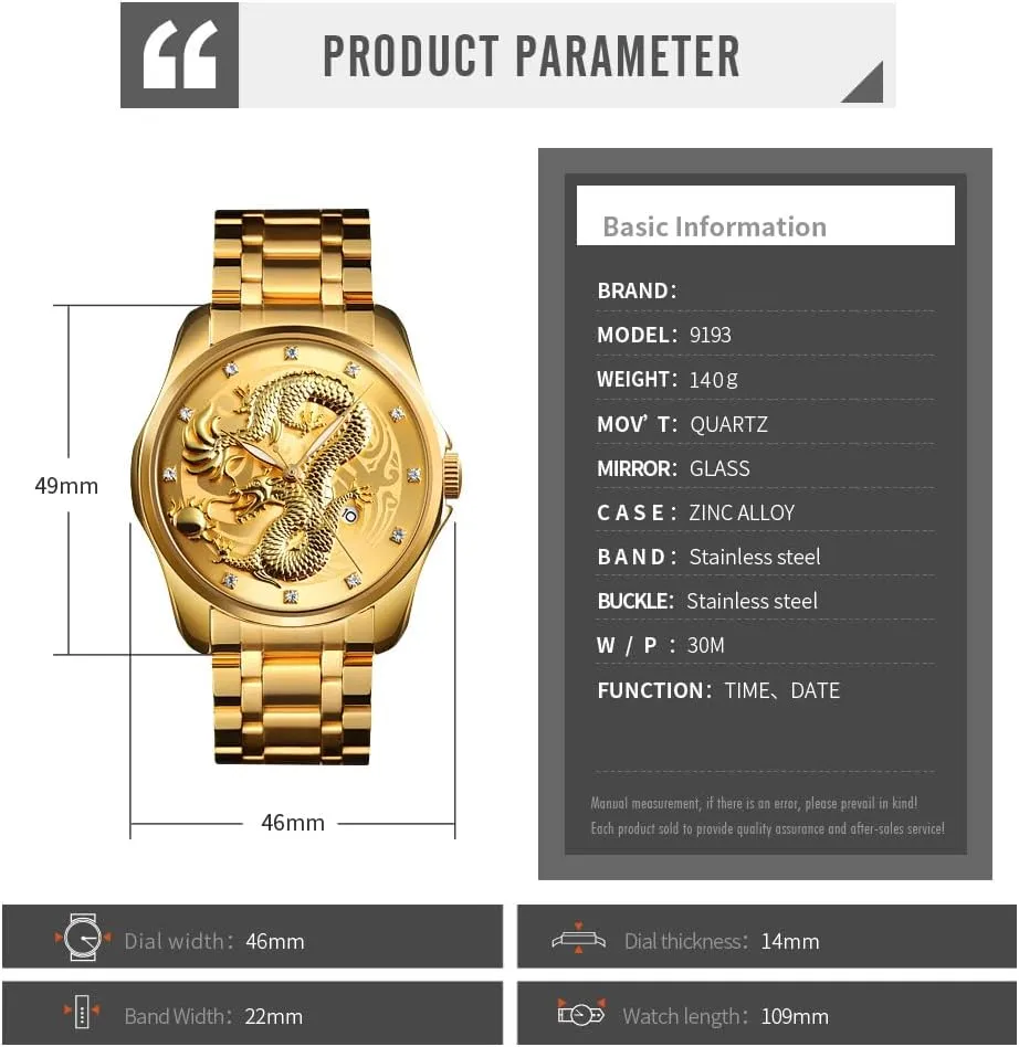 Luxury Gold Chinese Dragon Carved asymmetrical someday shutter Dial Diamond Quartz Watch Casual Waterproof Sport Stainless Steel Wristwatch Men 