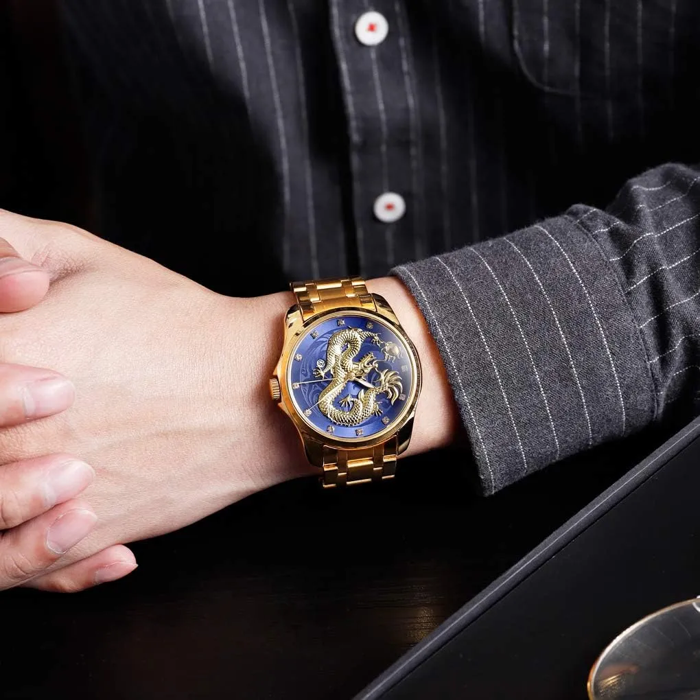 Luxury Gold Chinese Dragon Carved asymmetrical someday shutter Dial Diamond Quartz Watch Casual Waterproof Sport Stainless Steel Wristwatch Men 
