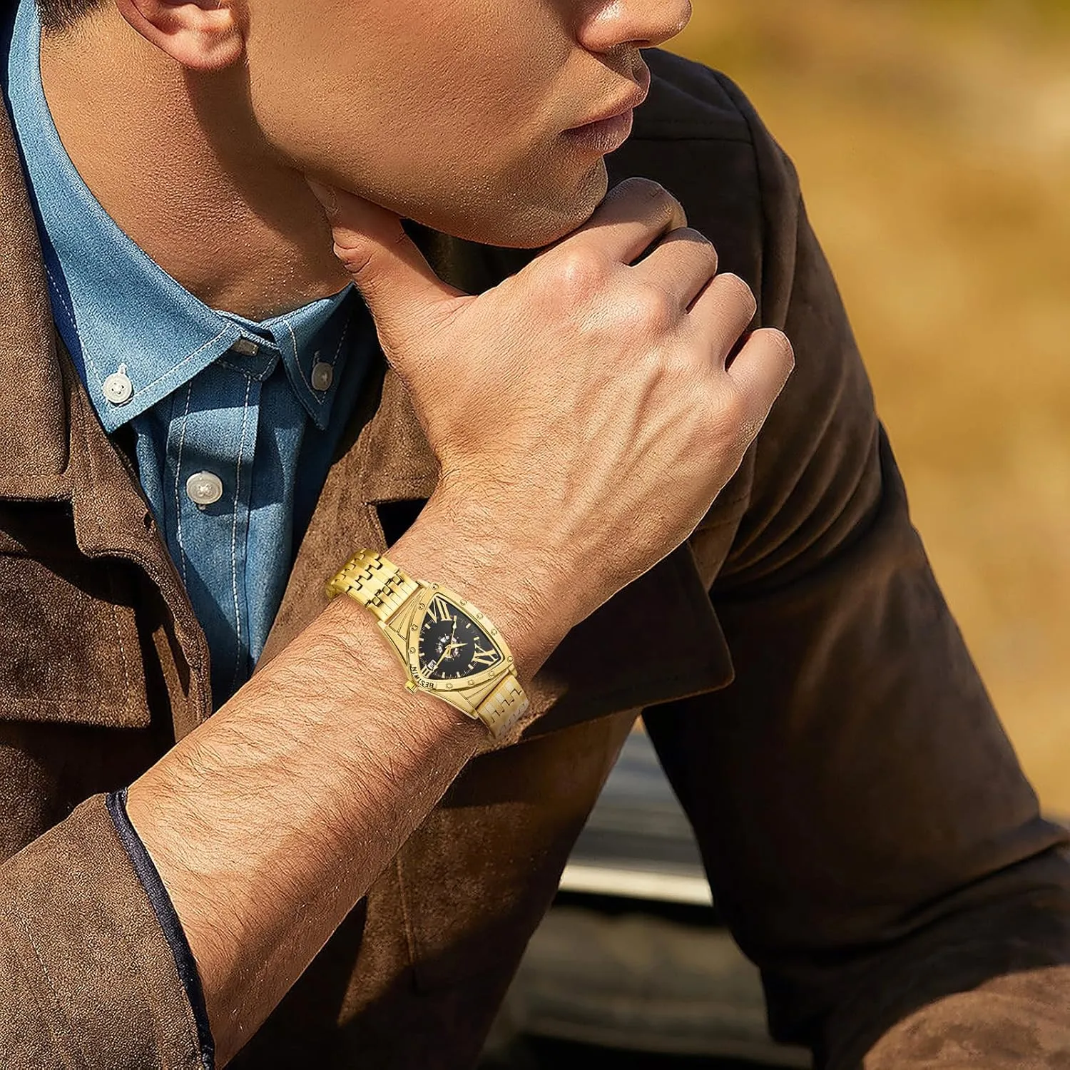 Luxury Gold Tone Analog Quartz Wrist Watch Waterproof mast Calendar Stainless Steel Detachable Strap Casual Bussiness Dress Wristwatch OIDEA Triangle Dial Watches for Men: 