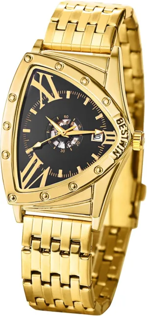 Luxury Gold Tone Analog Quartz Wrist Watch Waterproof mast Calendar Stainless Steel Detachable Strap Casual Bussiness Dress Wristwatch OIDEA Triangle Dial Watches for Men: 
