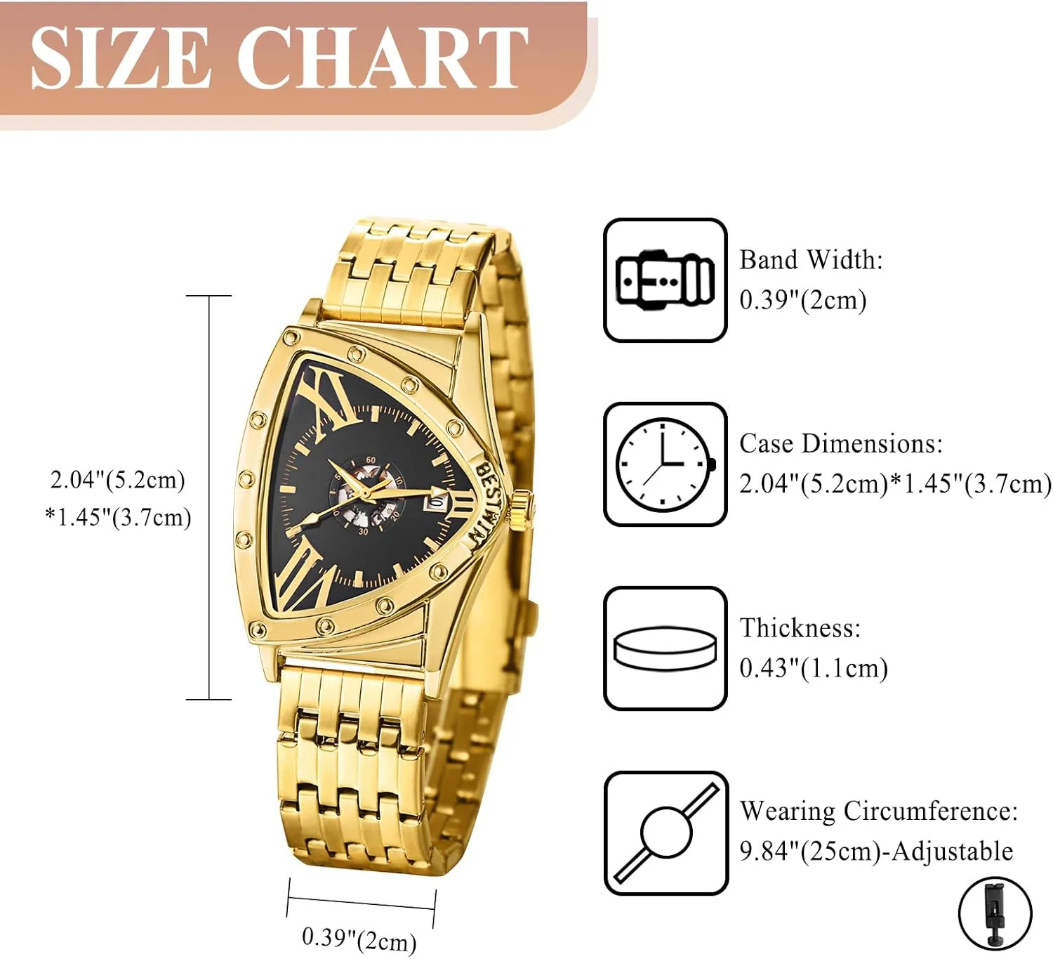 Luxury Gold Tone Analog Quartz Wrist Watch Waterproof mast Calendar Stainless Steel Detachable Strap Casual Bussiness Dress Wristwatch OIDEA Triangle Dial Watches for Men: 