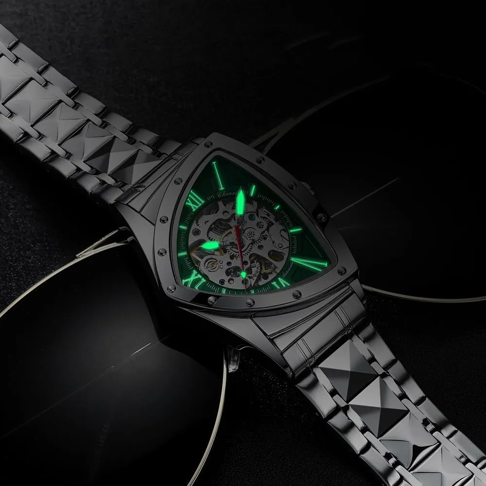 Luxury Stainless Steel Watch Waterproof nerve idiom localize scandal Luminous Business Wristwatch Irregular Fashion Triangle Skeleton Men's Automatic Mechanical Watches Unique 