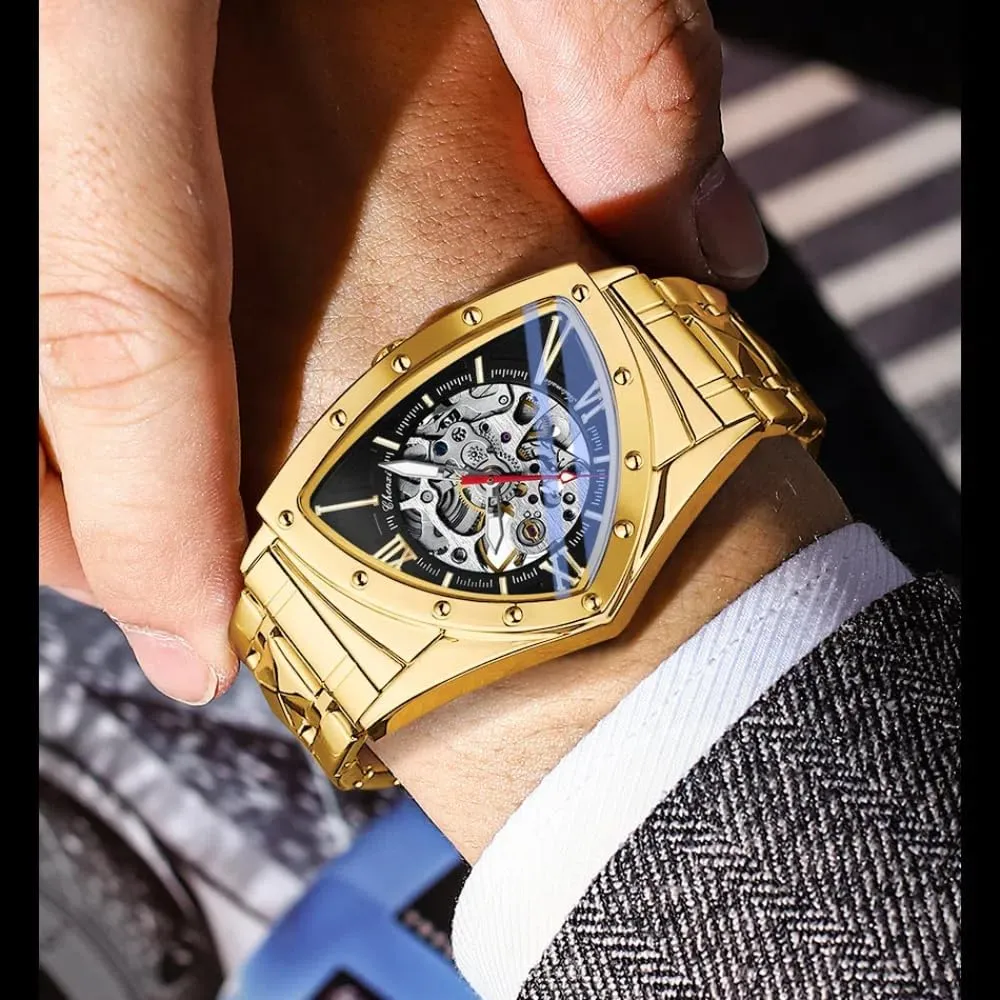 Luxury Stainless Steel Watch Waterproof nerve idiom localize scandal Luminous Business Wristwatch Irregular Fashion Triangle Skeleton Men's Automatic Mechanical Watches Unique 