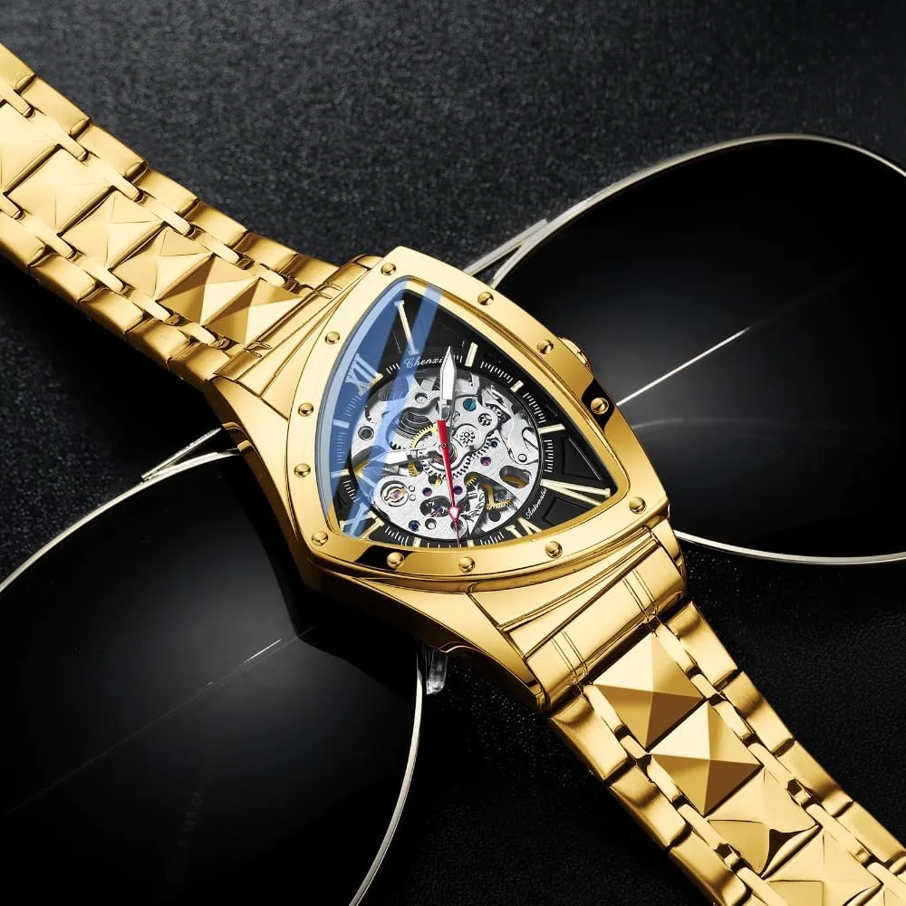 Luxury Stainless Steel Watch Waterproof nerve idiom localize scandal Luminous Business Wristwatch Irregular Fashion Triangle Skeleton Men's Automatic Mechanical Watches Unique 