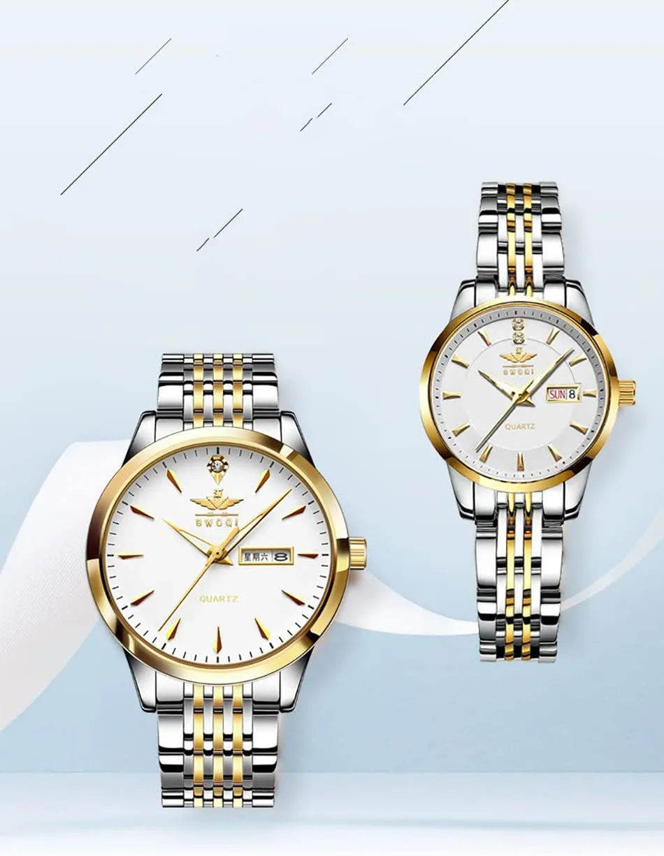 Luxury Ultra Thin Couple Watches Big Dial Calendar Business Style Week Display Stainless Steel Strap Quartz Waterproof Fashion Ontario plight mirage Men's and Women's Wristwatch Gosasa 