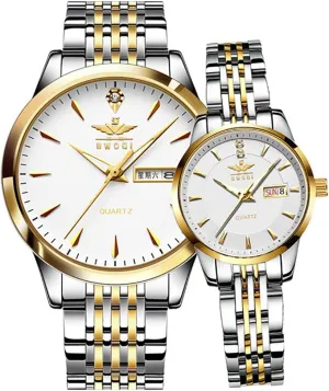 Luxury Ultra Thin Couple Watches Big Dial Calendar Business Style Week Display Stainless Steel Strap Quartz Waterproof Fashion Ontario plight mirage Men's and Women's Wristwatch Gosasa 
