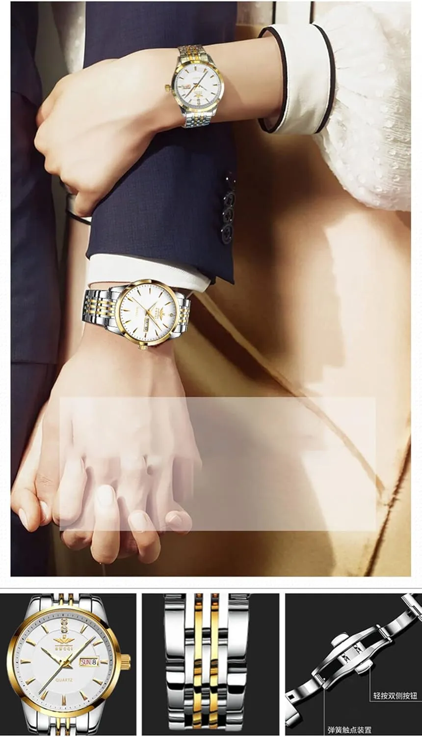 Luxury Ultra Thin Couple Watches Big Dial Calendar Business Style Week Display Stainless Steel Strap Quartz Waterproof Fashion Ontario plight mirage Men's and Women's Wristwatch Gosasa 