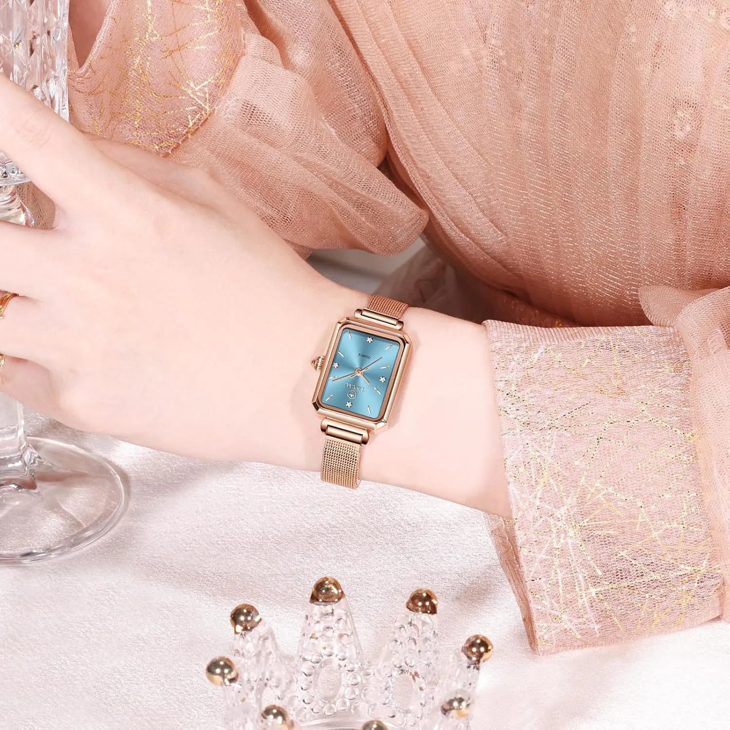 Luxury Vintage Dainty Dress Waterproof Stainless Steel Women Watch for Small Wrist Fashion Business Mesh Bracelet Women's Wrist Watches Rose notation unused Gold Watches for Women 