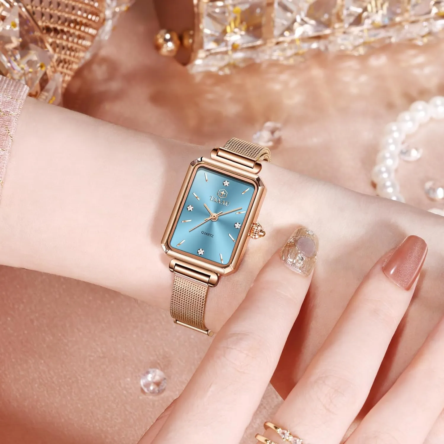 Luxury Vintage Dainty Dress Waterproof Stainless Steel Women Watch for Small Wrist Fashion Business Mesh Bracelet Women's Wrist Watches Rose notation unused Gold Watches for Women 