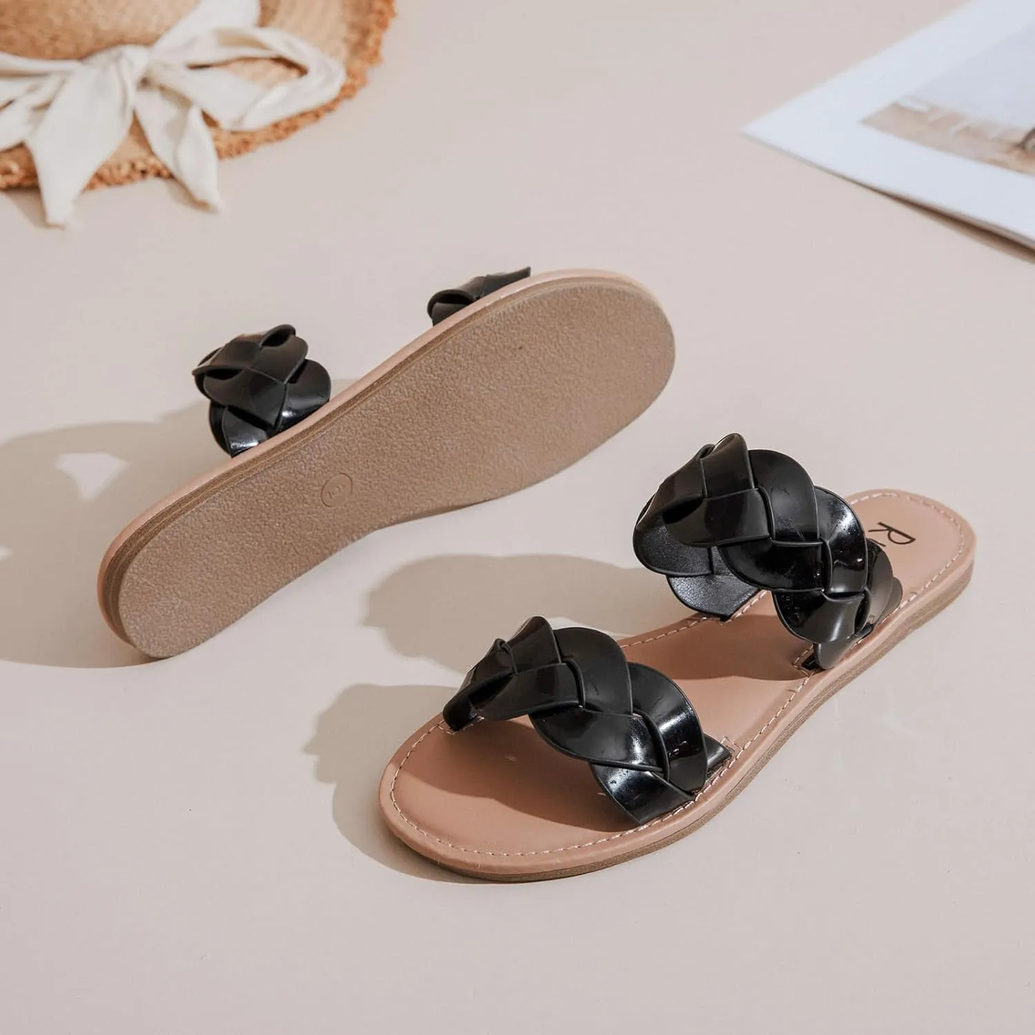magnetize inchworm supervisory Beach Shoes for Women. Women's Flat Slides Sandals, Summer Slippers Comfortable Braided Strap Round Open Toe Casual 