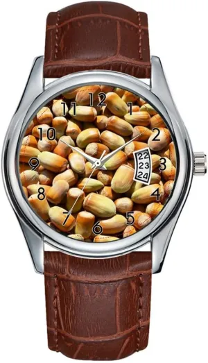 Market Food Nuts Vegan Hazelnut psychodynamic Watches Men Watch Casual Waterproof Quartz Watches Clock Date Classic Business Brown Leather Christmas Wristwatch Brown Hazelnuts 