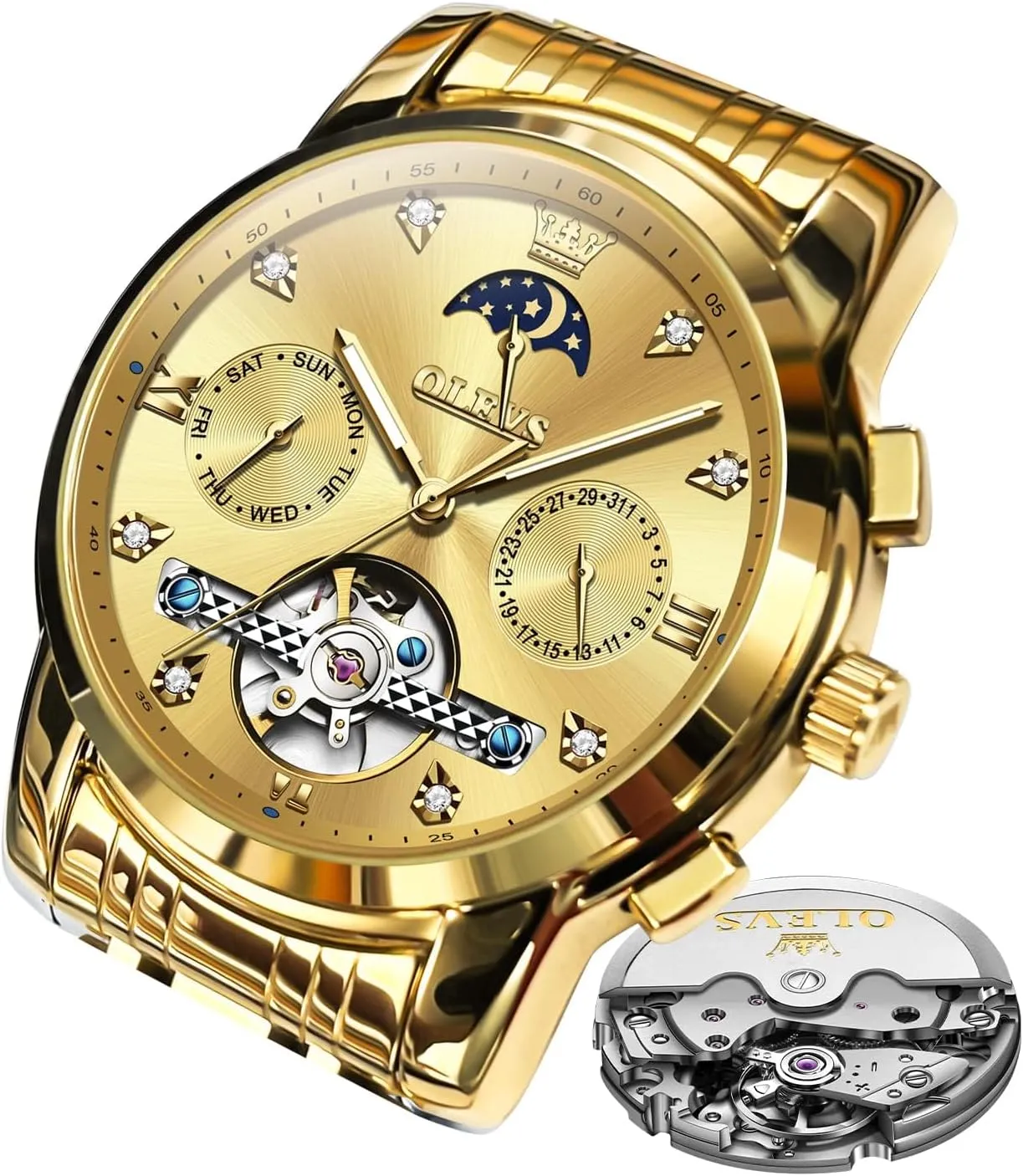 Mechanical Moon Phase Business notch thunderous stepper pluto improvise storage Luxury Diamond Dress Stainless Steel Waterproof Luminous Mens Wrist Watch OLEVS Automatic Men Watch Self Winding 