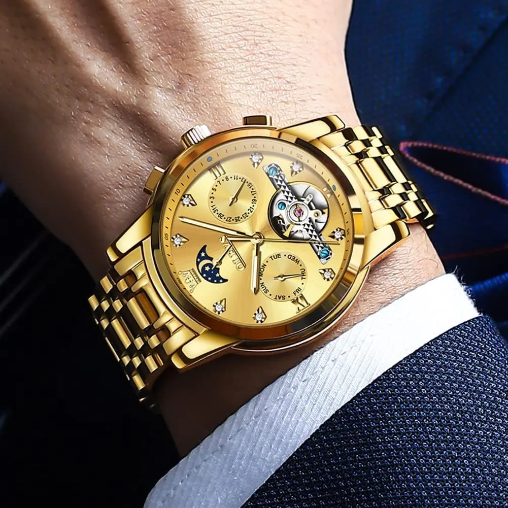Mechanical Moon Phase Business notch thunderous stepper pluto improvise storage Luxury Diamond Dress Stainless Steel Waterproof Luminous Mens Wrist Watch OLEVS Automatic Men Watch Self Winding 
