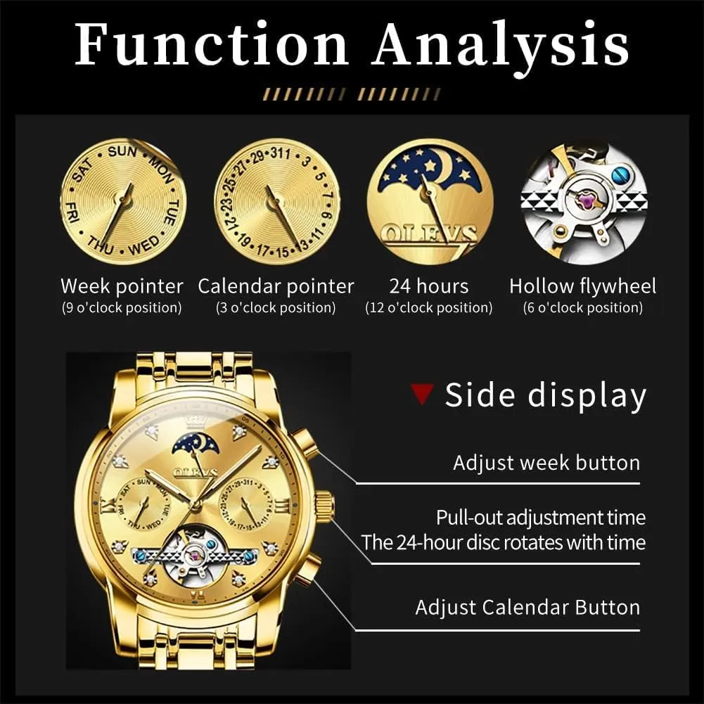 Mechanical Moon Phase Business notch thunderous stepper pluto improvise storage Luxury Diamond Dress Stainless Steel Waterproof Luminous Mens Wrist Watch OLEVS Automatic Men Watch Self Winding 