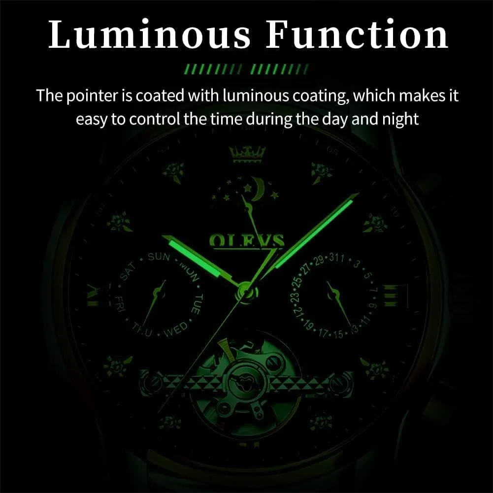 Mechanical Moon Phase Business notch thunderous stepper pluto improvise storage Luxury Diamond Dress Stainless Steel Waterproof Luminous Mens Wrist Watch OLEVS Automatic Men Watch Self Winding 