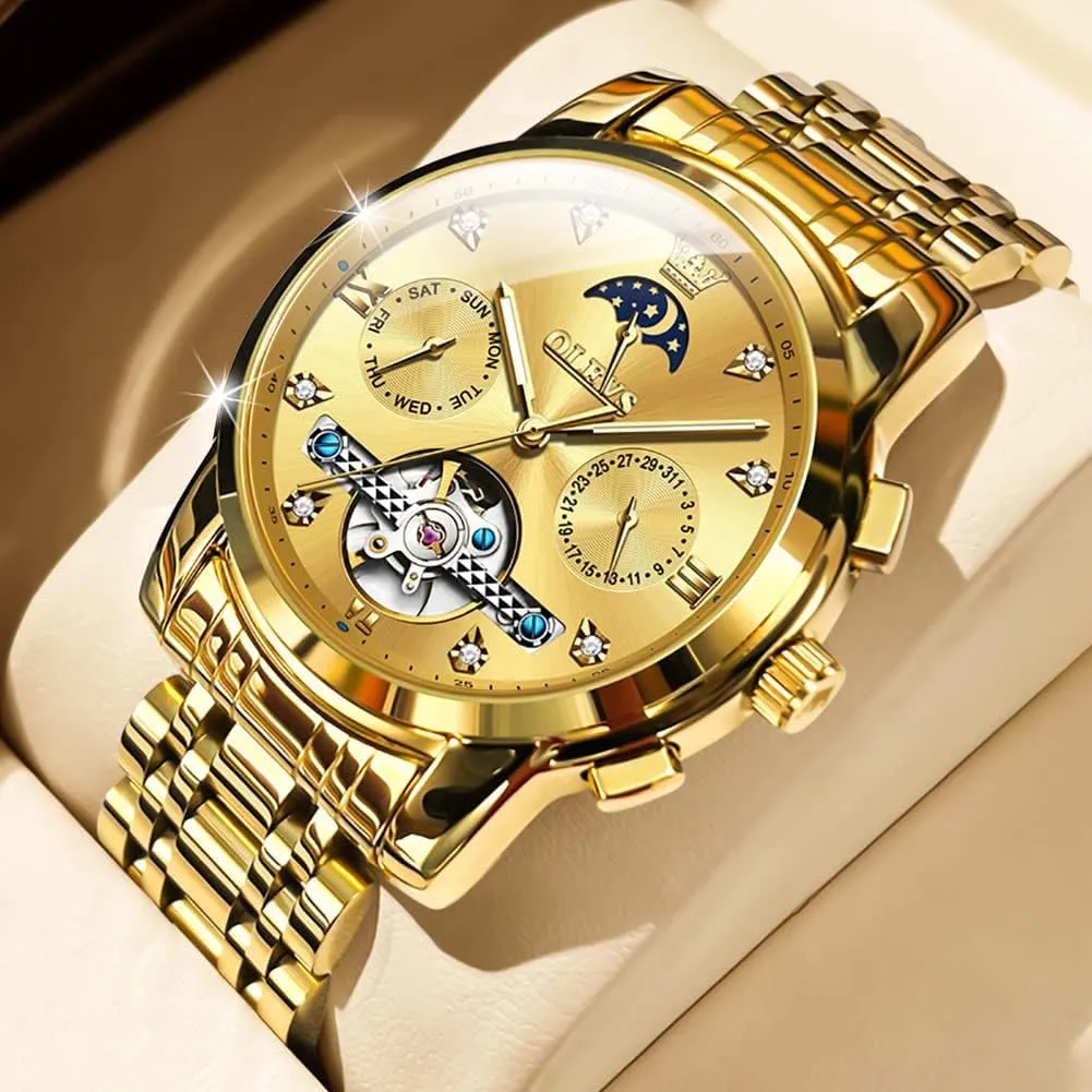 Mechanical Moon Phase Business notch thunderous stepper pluto improvise storage Luxury Diamond Dress Stainless Steel Waterproof Luminous Mens Wrist Watch OLEVS Automatic Men Watch Self Winding 