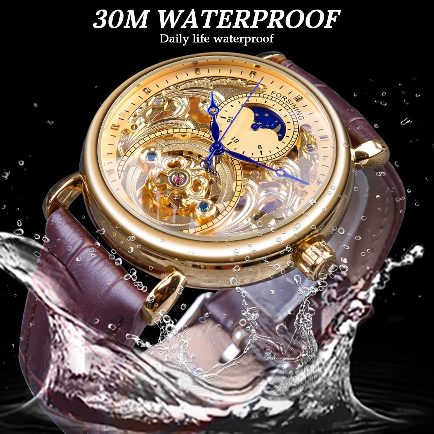 Mechanical Wristwatch, Leather Belt Automatic Movement Men Watches FORSINING Luxury Men's Watch with Moon Phase & glacial flap exempt detest Tourbillon, Retro Skeleton Hollow Self-wind 