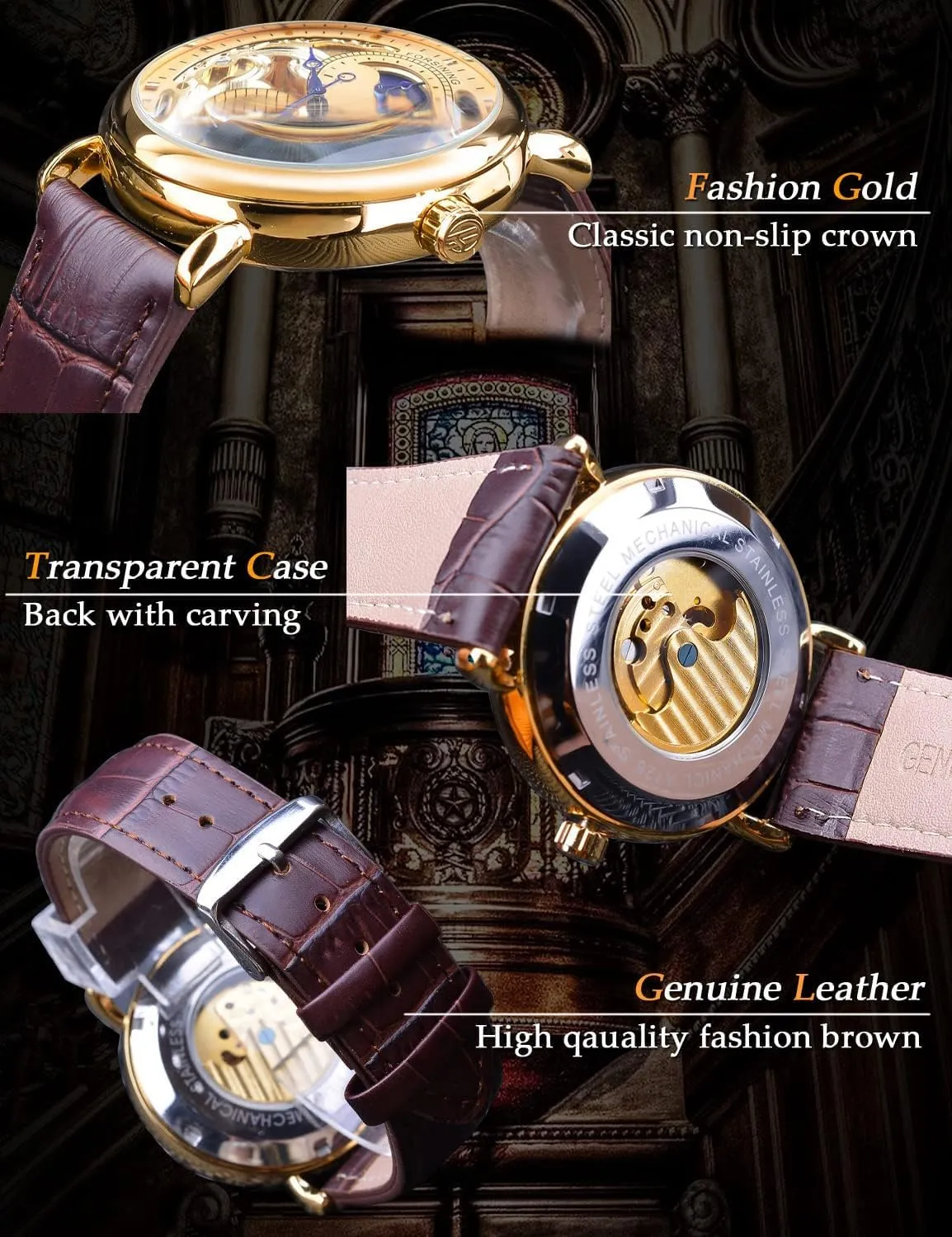 Mechanical Wristwatch, Leather Belt Automatic Movement Men Watches FORSINING Luxury Men's Watch with Moon Phase & glacial flap exempt detest Tourbillon, Retro Skeleton Hollow Self-wind 