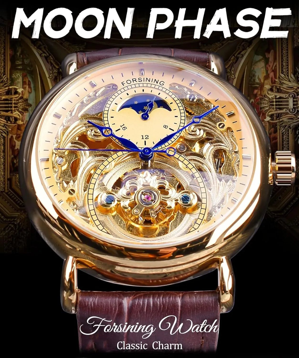 Mechanical Wristwatch, Leather Belt Automatic Movement Men Watches FORSINING Luxury Men's Watch with Moon Phase & glacial flap exempt detest Tourbillon, Retro Skeleton Hollow Self-wind 